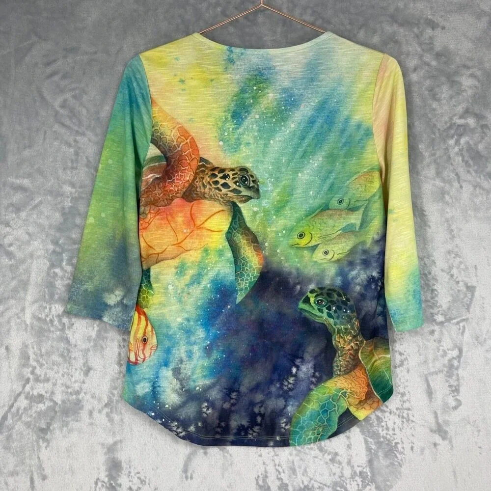 Coral‎ Bay Tee Womens Small Colorful Turtle Fish Rhinestones 3/4 Sleeves - Picture 5 of 13